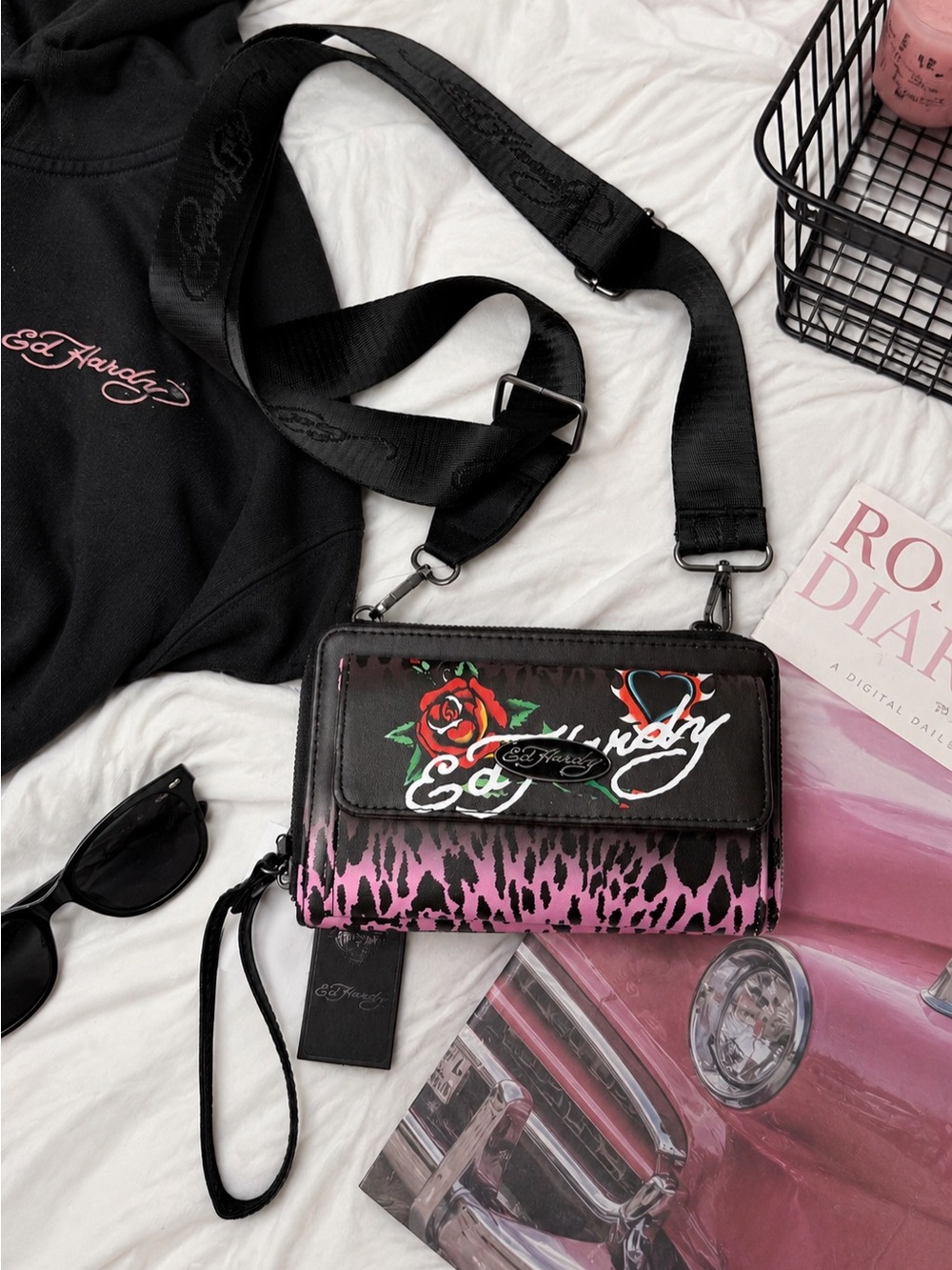 NWT Ed Hardy Pink Leopard Rose Crossbody Wallet Purse Y2K Emo Goth